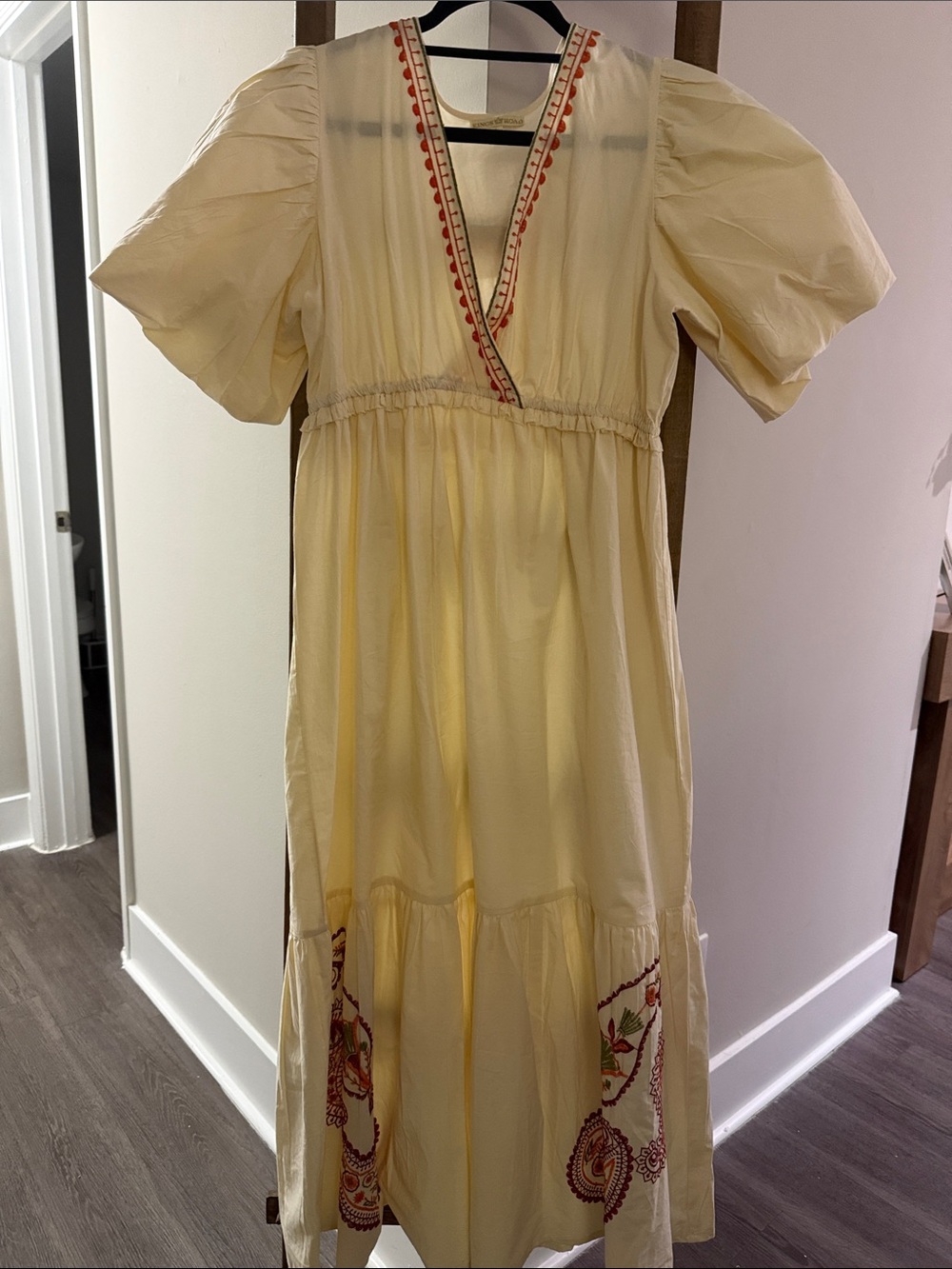 Cream Embroidered Maxi Dress with V-Neck